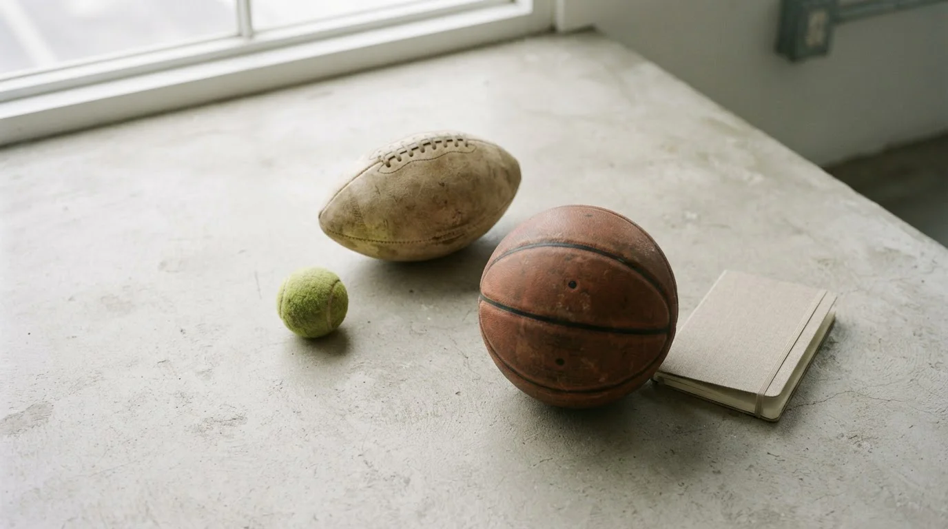 Stillleben mit Fußball, Tennisball und Basketball auf hellem Tisch