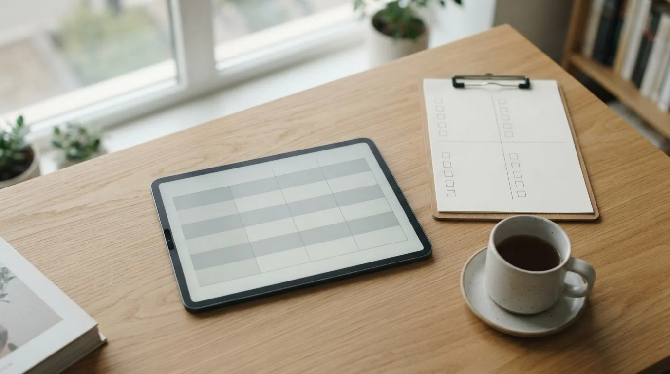 Aufgeräumter Arbeitsplatz mit Tablet und Notizen zum Anbietervergleich