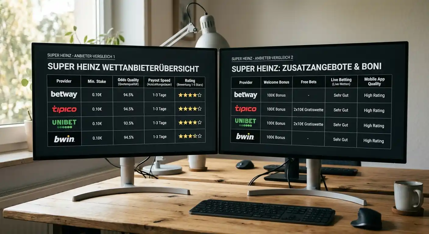 Zwei Bildschirme mit neutralen Vergleichstabellen für Super-Heinz-Wettanbieter