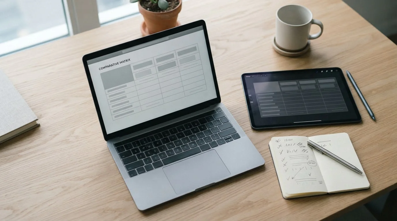 Laptop und Tablet mit neutralen Vergleichstabellen nebeneinander
