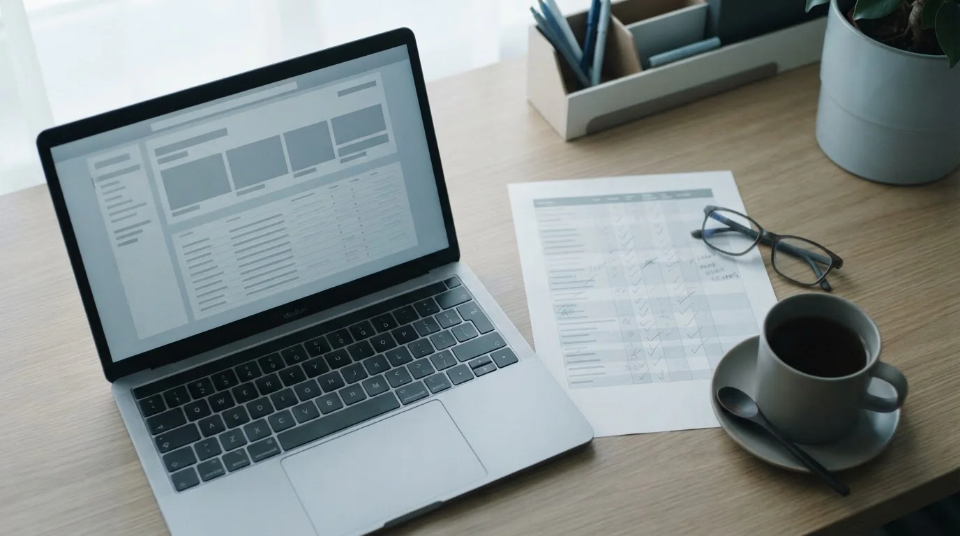 Schreibtisch mit Laptop und Vergleichsnotizen zu deutschen Wettanbietern