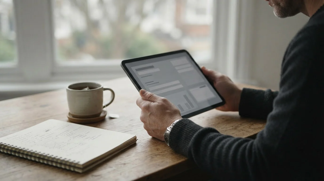 Person liest Bedingungen auf einem Tablet, daneben Notizen zu Abzügen