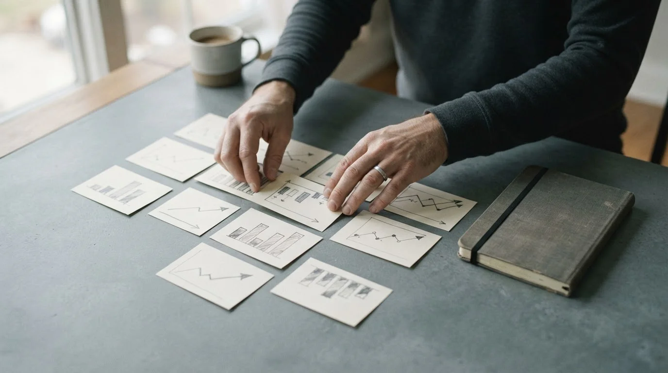 Hände sortieren Karteikarten mit einfachen Diagrammen auf einem Tisch