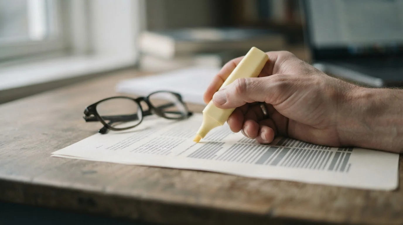 Hand mit Textmarker über einem Dokument mit abstrakten Zeilen