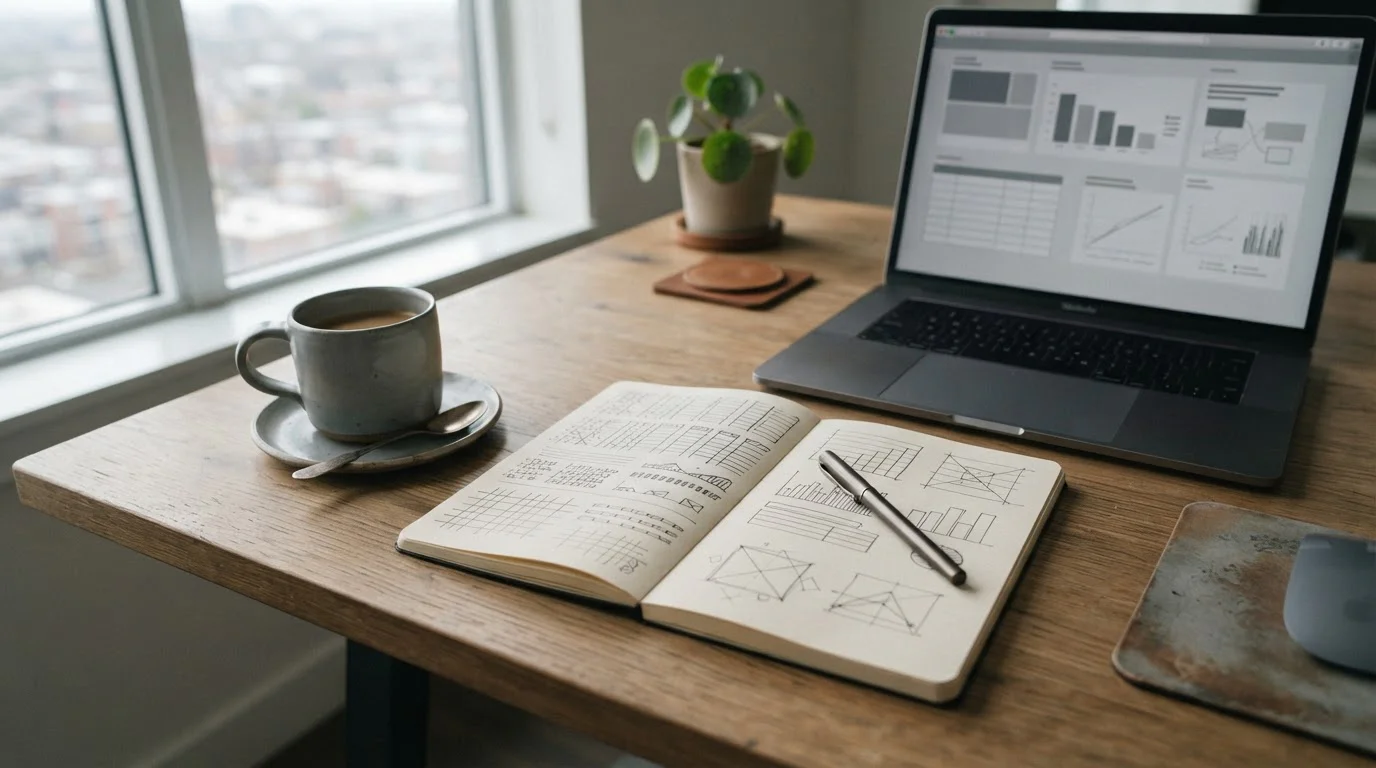 Schreibtisch mit Notizen und Laptop zur Analyse von Goliath-Wetten