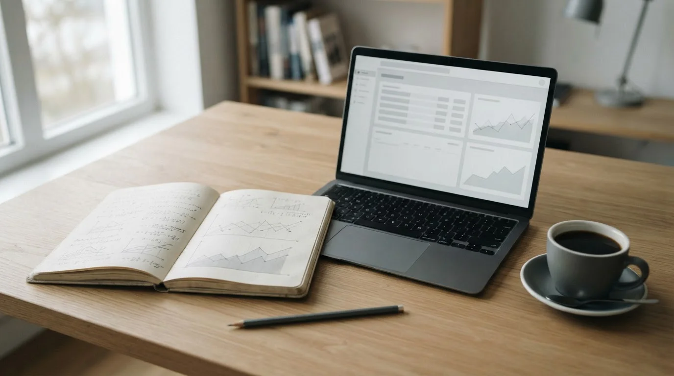 Schreibtisch mit Notizen und Laptop zur Analyse von Wettstrategien