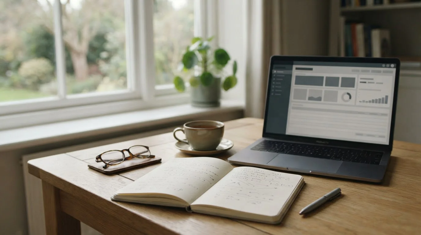Schreibtisch mit Notizen und Laptop zur Analyse von Wettanbietern mit Startguthaben