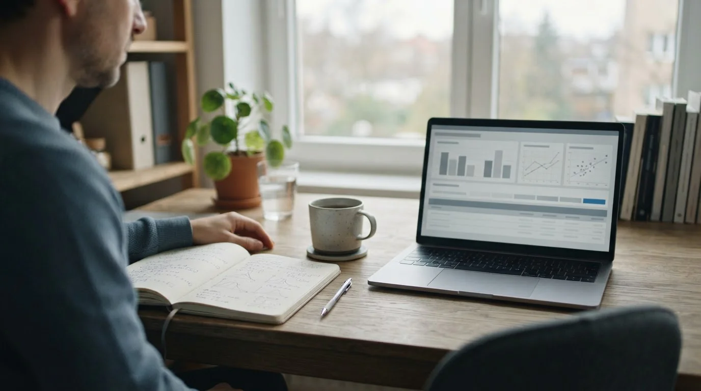 Schreibtisch mit Notizen und Laptop zur Analyse von Wettprognosen