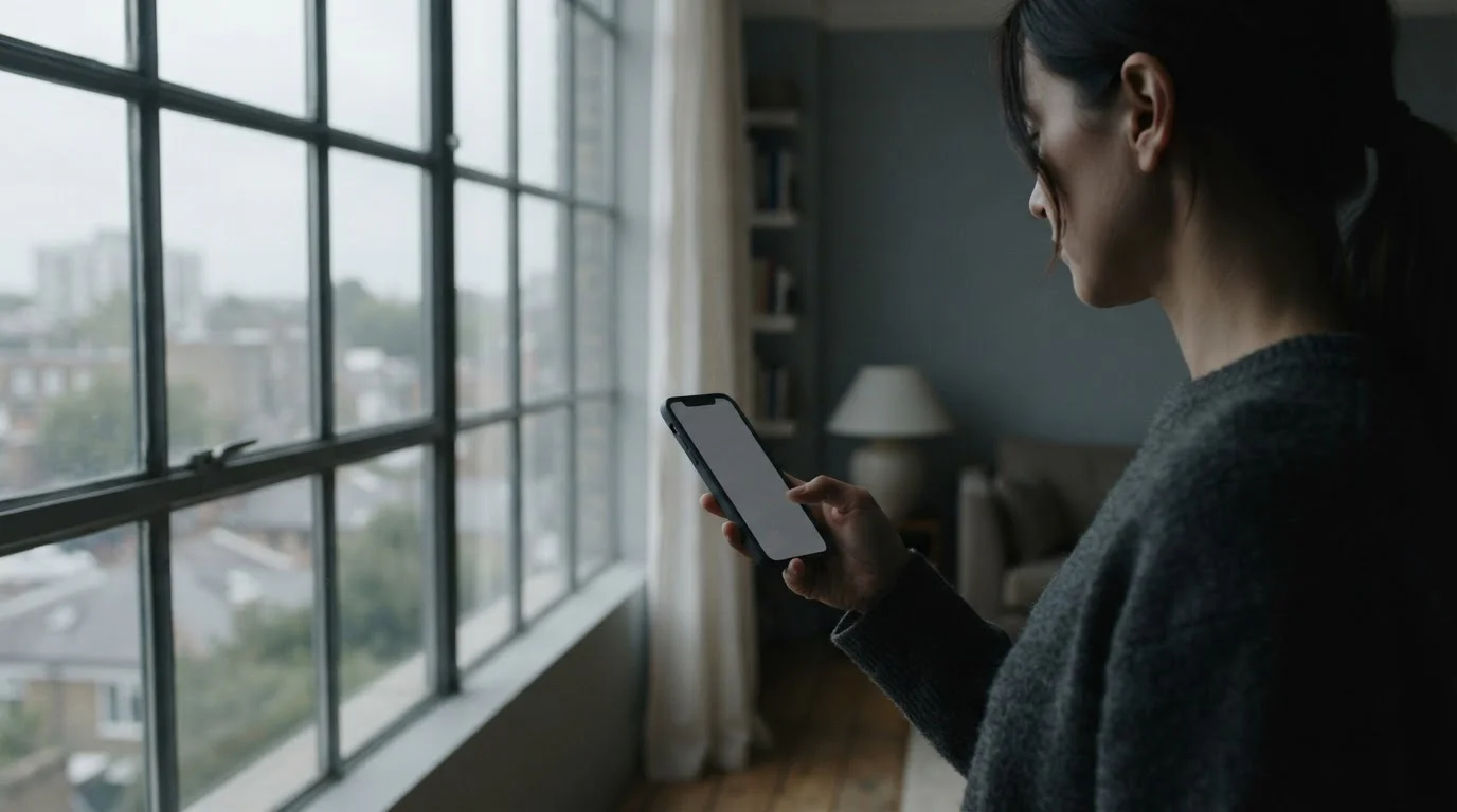 Silhouette einer Person am Fenster mit Smartphone in der Hand