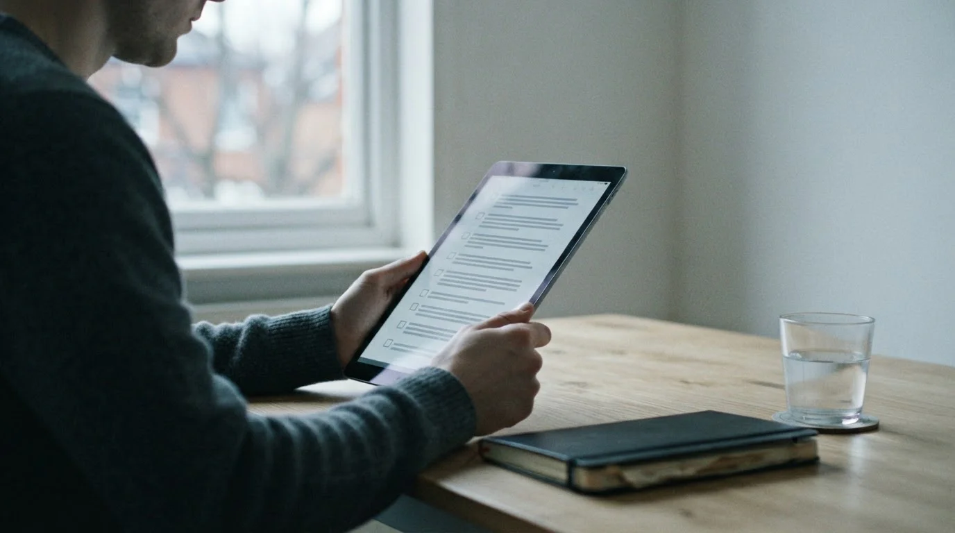 Person liest Bonusbedingungen auf einem Tablet