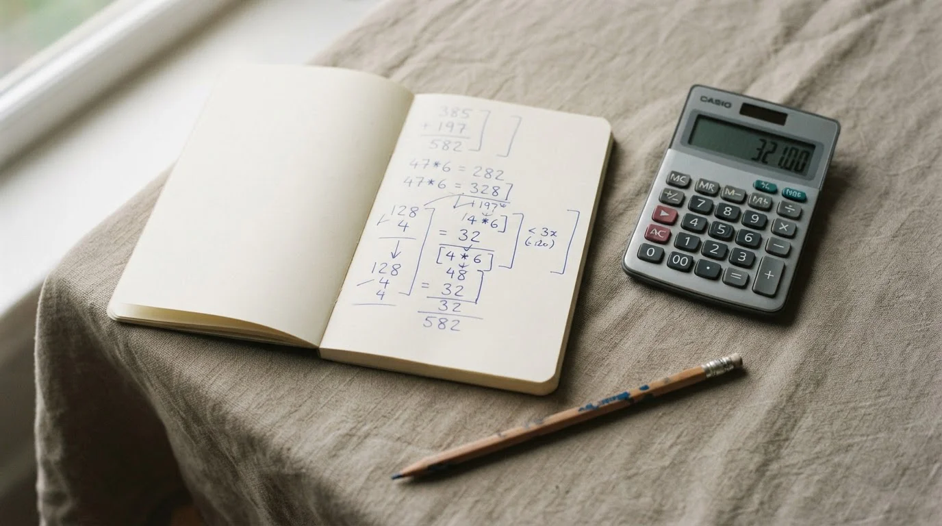 Handschriftliche Berechnung mit Taschenrechner zum realen Bonuswert