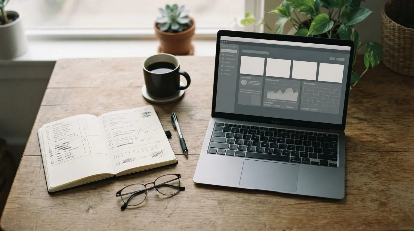 Schreibtisch mit Notizbuch und Laptop zur Analyse von Buchmacher-Boni