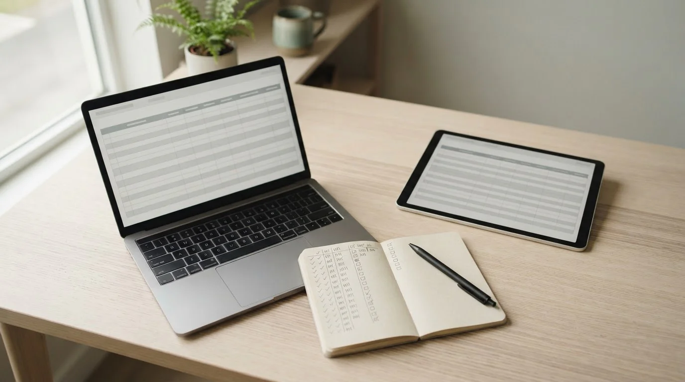 Laptop und Tablet nebeneinander mit neutralen Tabellen für einen Anbietervergleich