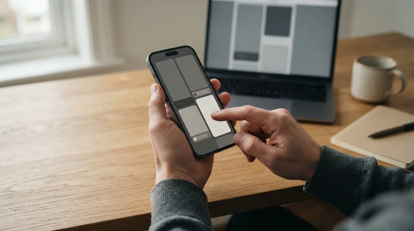 Hände am Smartphone mit neutralem Bildschirm während einer Transaktion