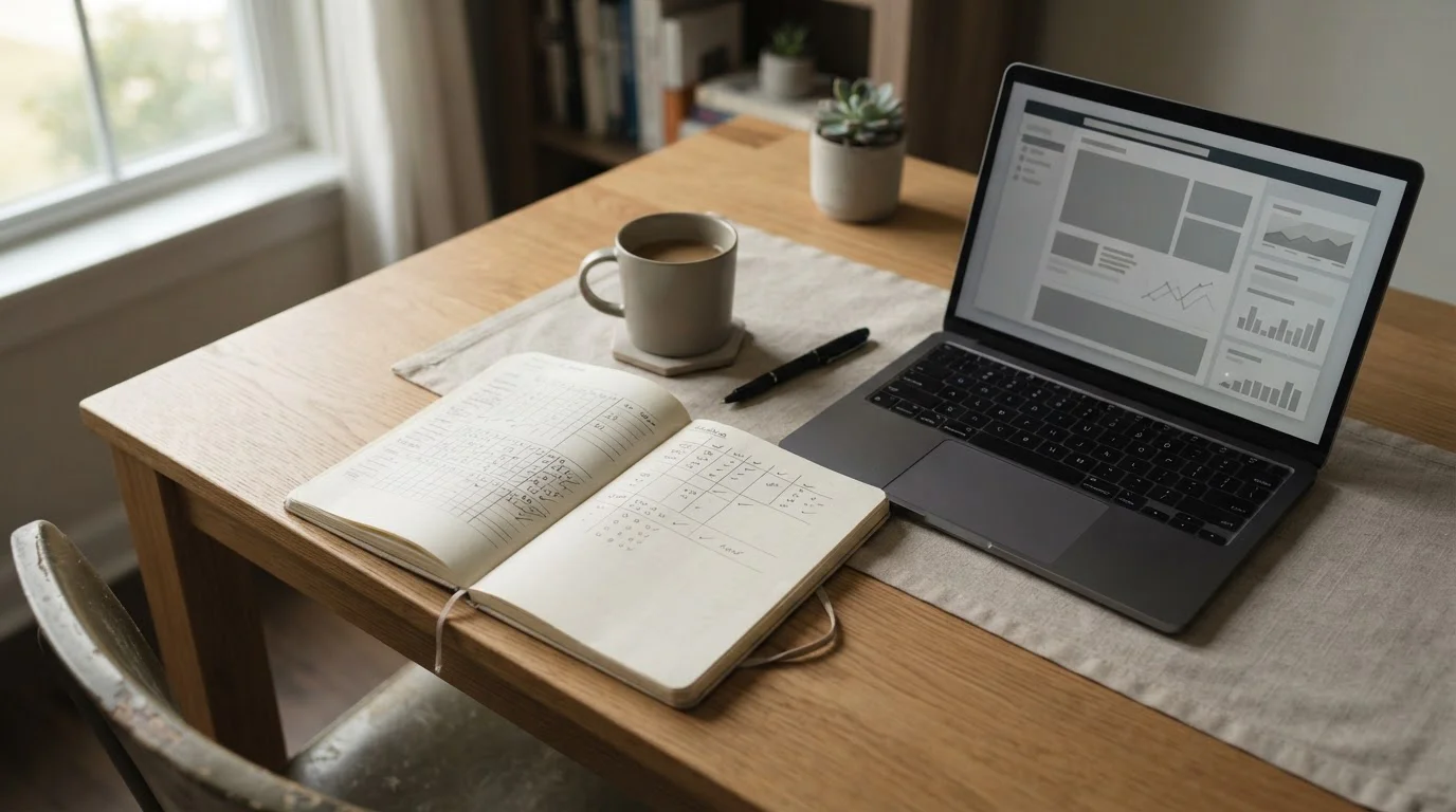 Schreibtisch mit Notizen und Laptop zur Analyse von Heinz-Wetten