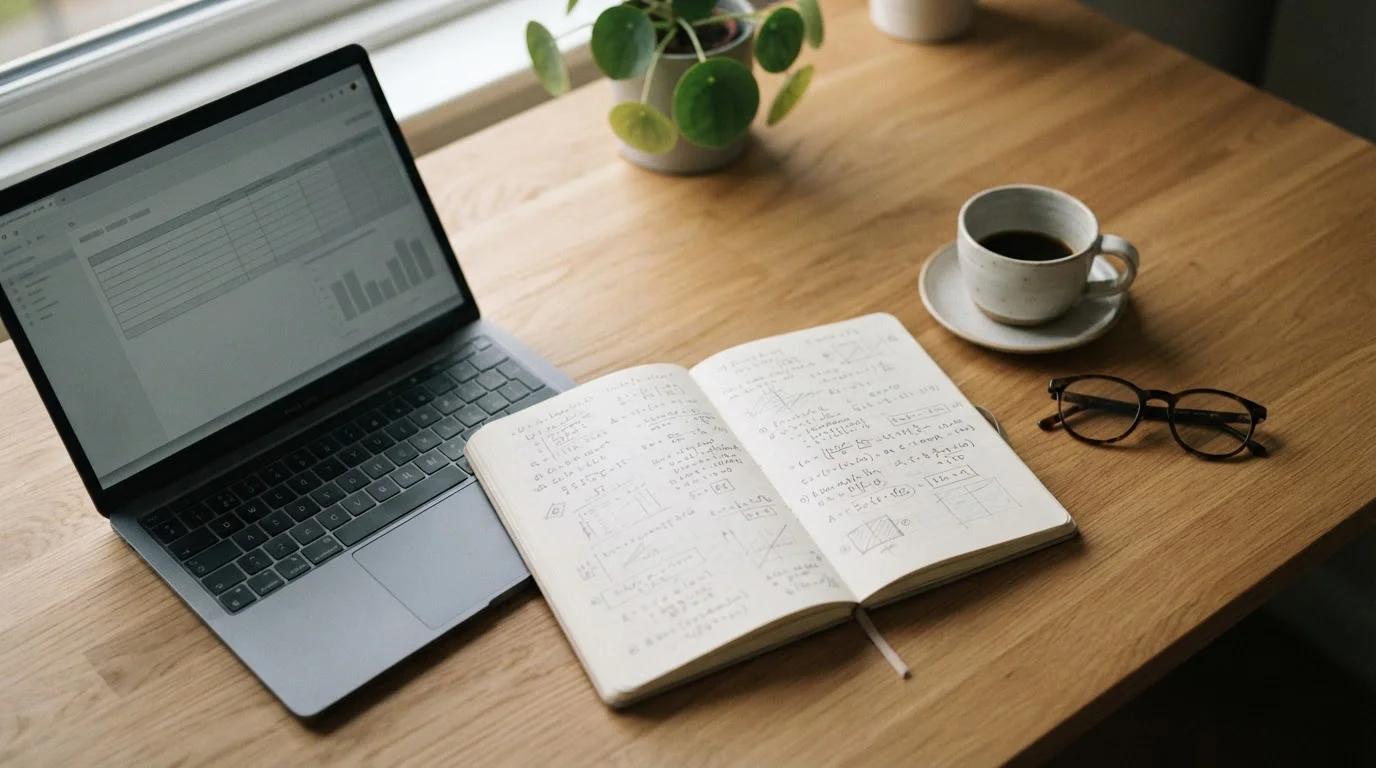Schreibtisch mit Notizen und Laptop zur Analyse von Kombiwetten-Boni