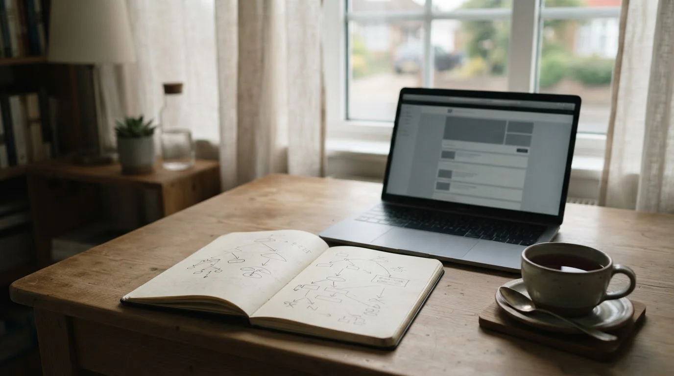 Schreibtisch mit Notizen und Laptop zur Analyse von Lucky 15 Wetten