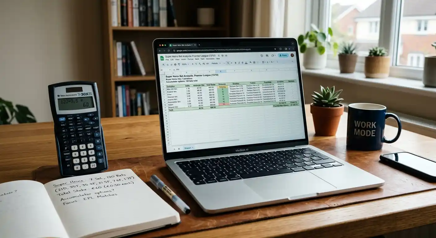 Schreibtisch mit Notizen, Taschenrechner und Laptop zur Analyse einer Super-Heinz-Wette