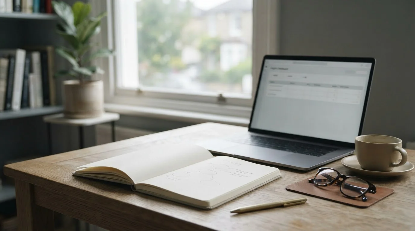 Schreibtisch mit Notizblock und Laptop zur Analyse von Trixie-Wetten