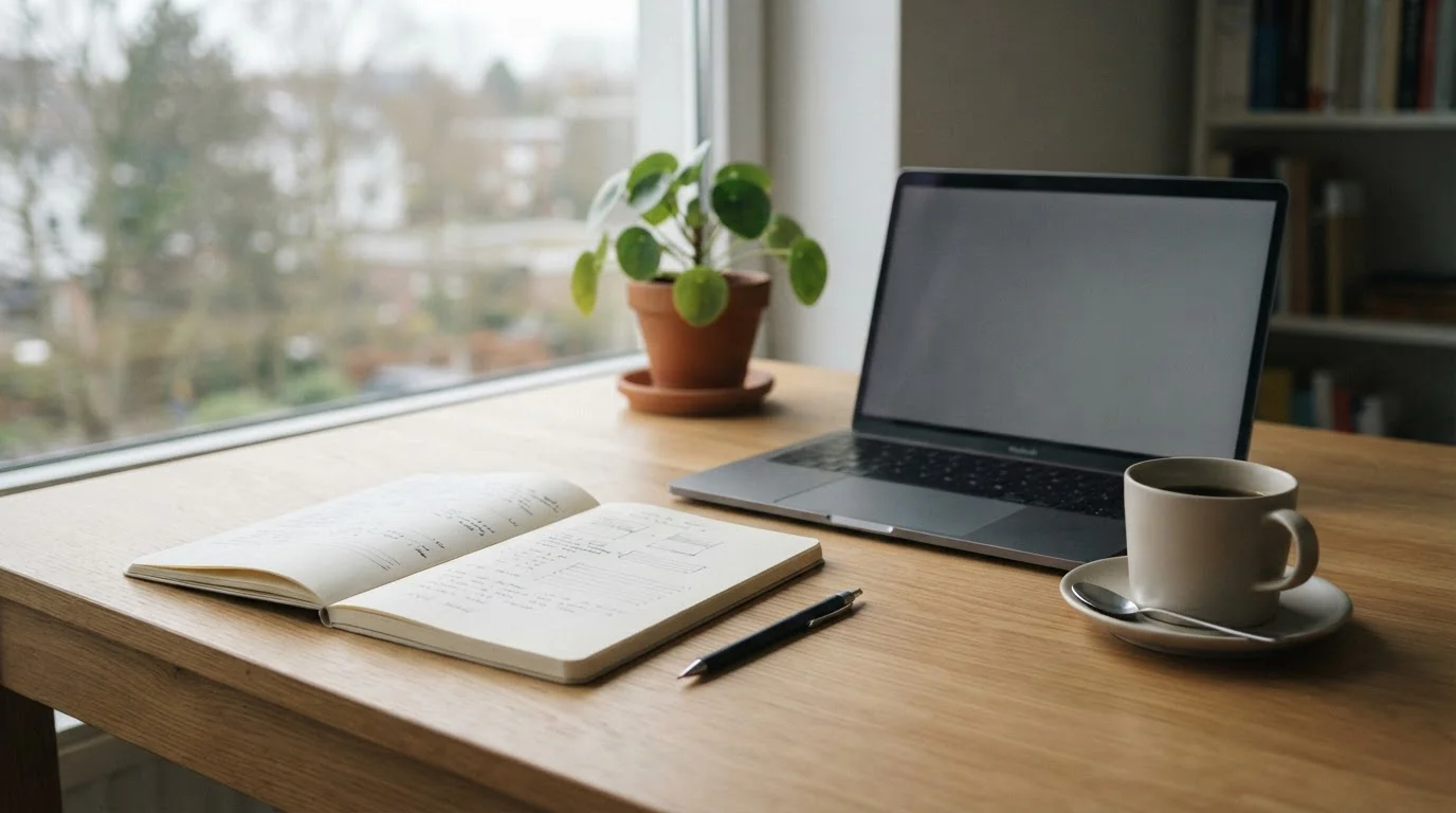 Schreibtisch mit Notizbuch und Laptop zur Analyse von Willkommensboni