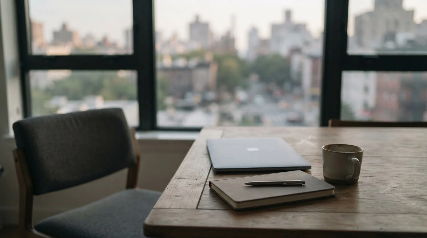 Fensterblick mit Notizbuch und geschlossenem Laptop auf ruhigem Tisch