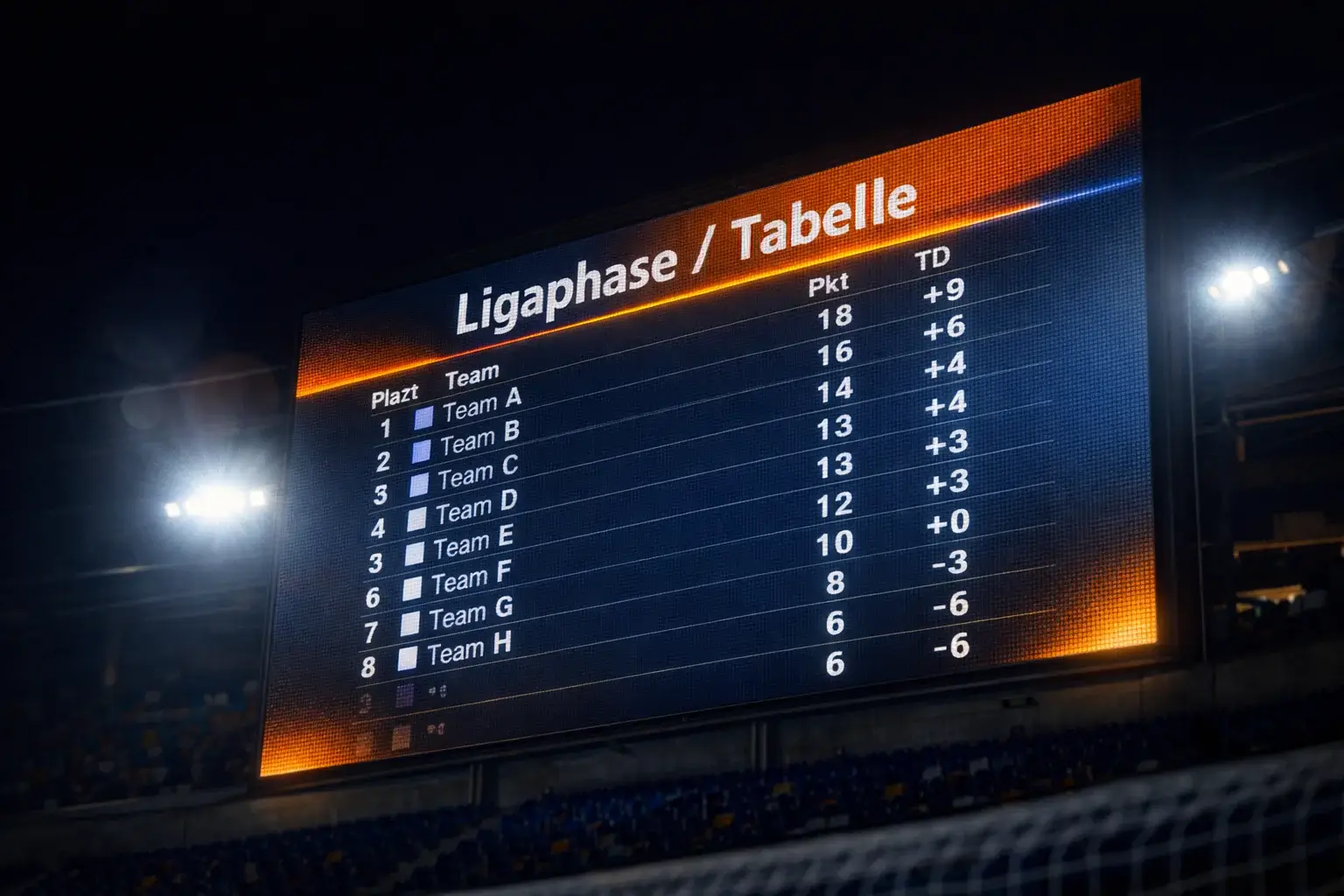 Europa League Ligaphase Tabelle auf einer Stadion-Anzeigetafel
