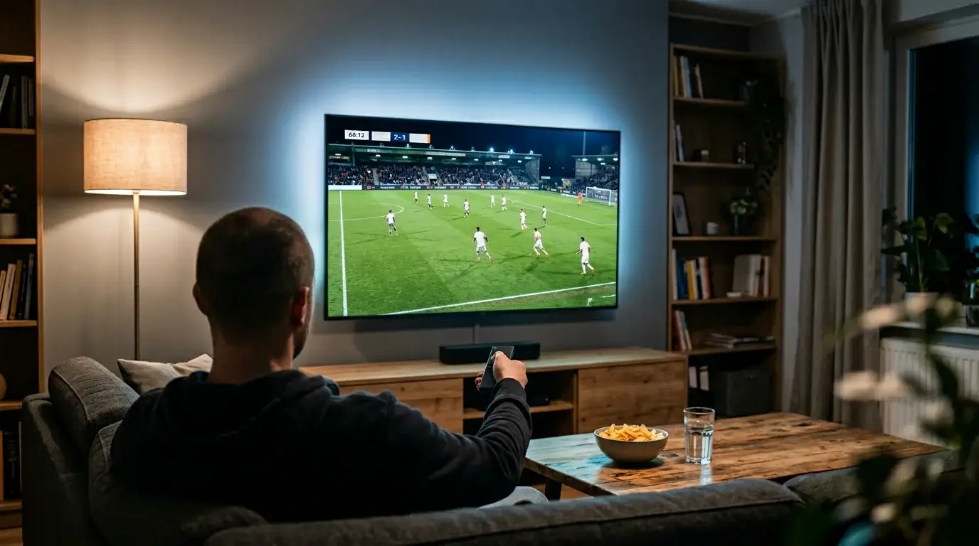Europa League TV-Übertragung – Wohnzimmer mit Fußball-Livestream auf dem Fernseher