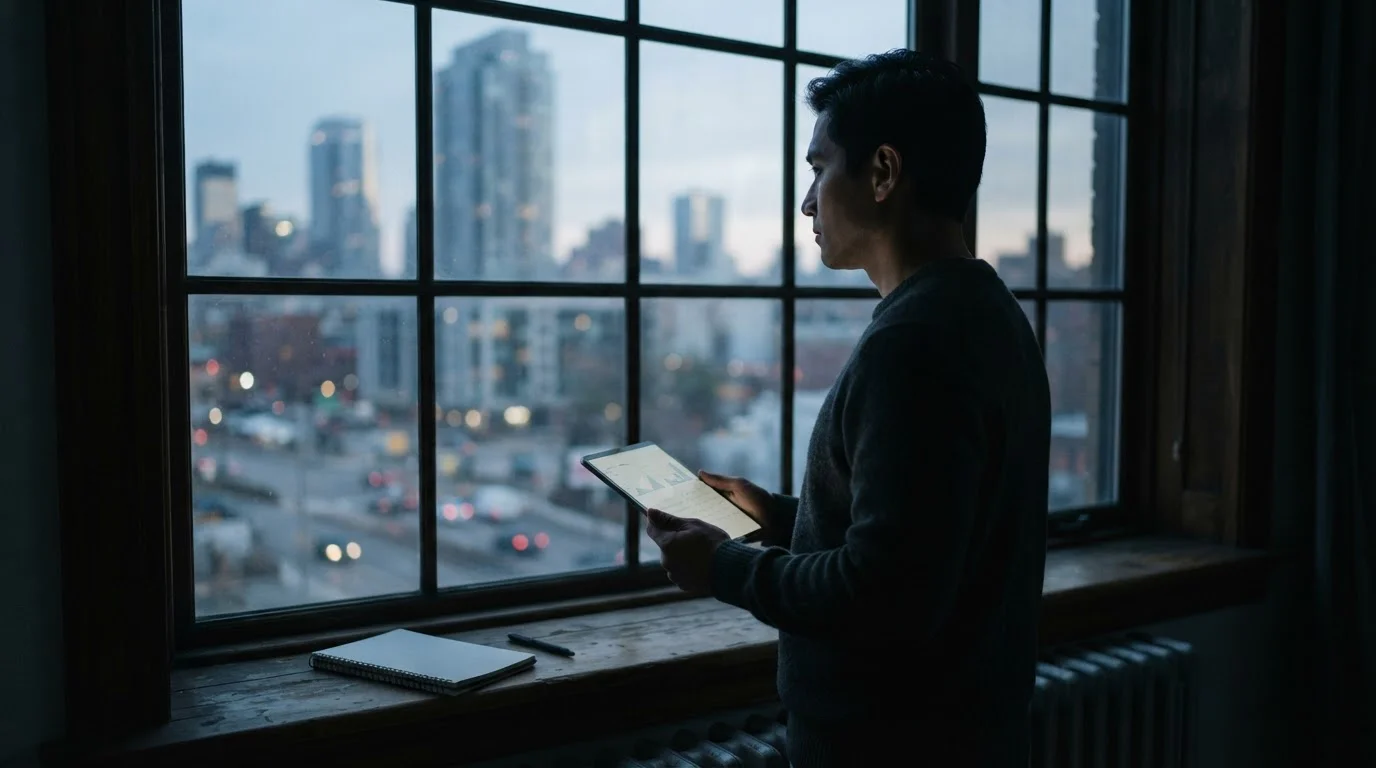 Silhouette einer Person am Fenster, die auf einem Tablet Notizen zu Nebenmärkten macht