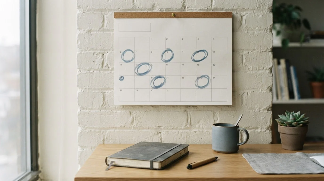 Wandkalender mit markierten Turnierterminen im Arbeitszimmer