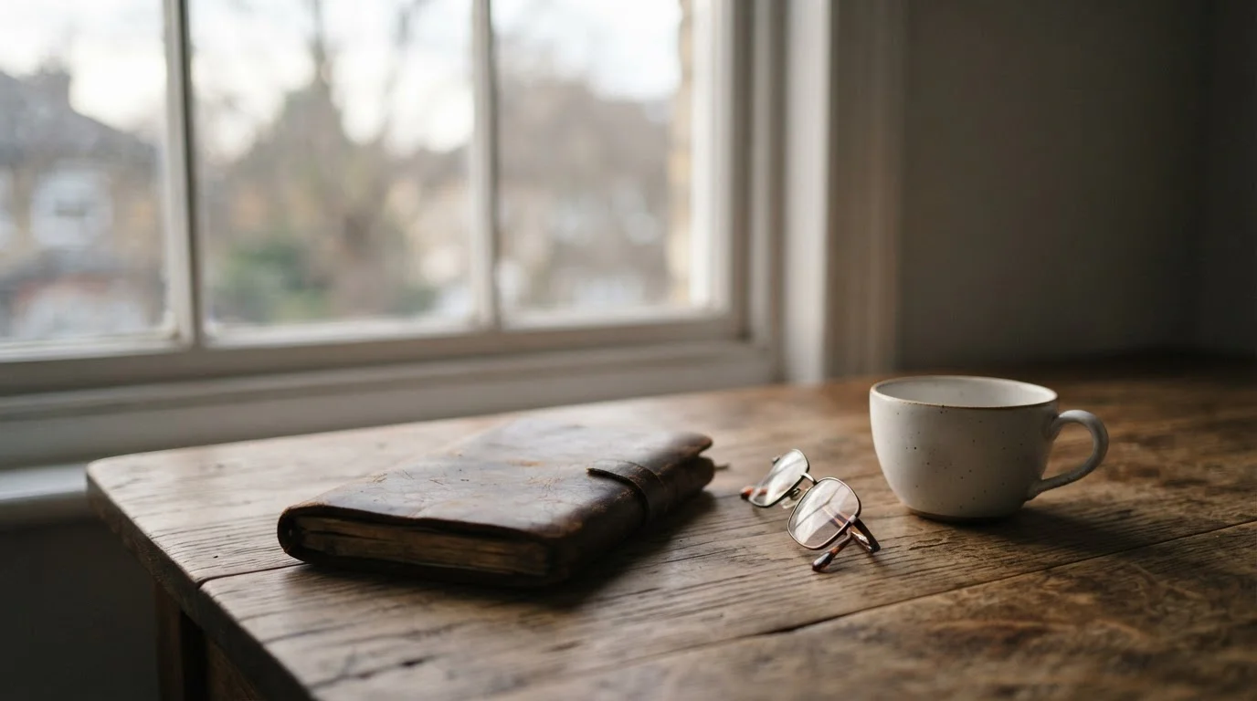 Ruhiger Schreibtisch mit geschlossenem Notizbuch und leerer Kaffeetasse