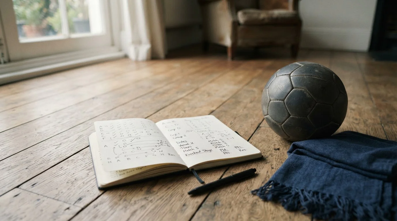 Notizbuch mit Fußball-Spielplan und Analyse-Notizen