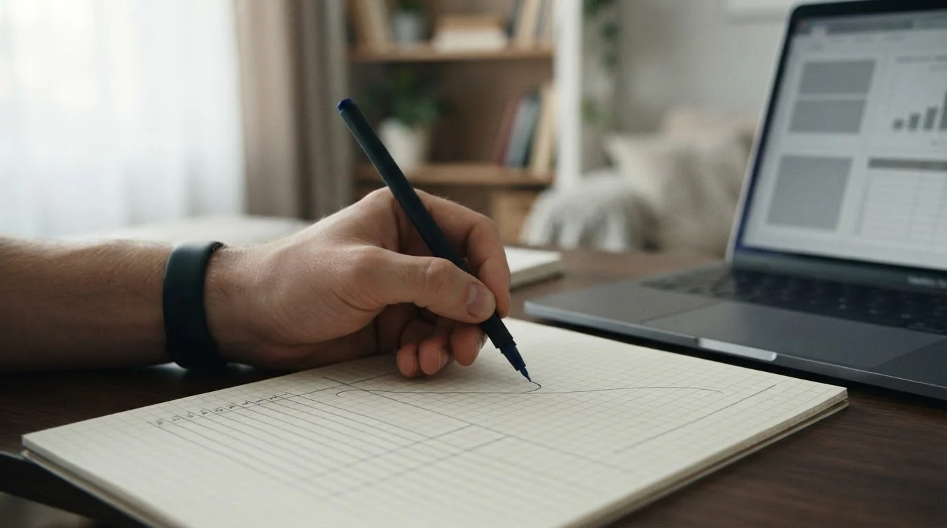 Nahaufnahme einer Hand mit Stift, die eine Break-Even-Kalkulation skizziert