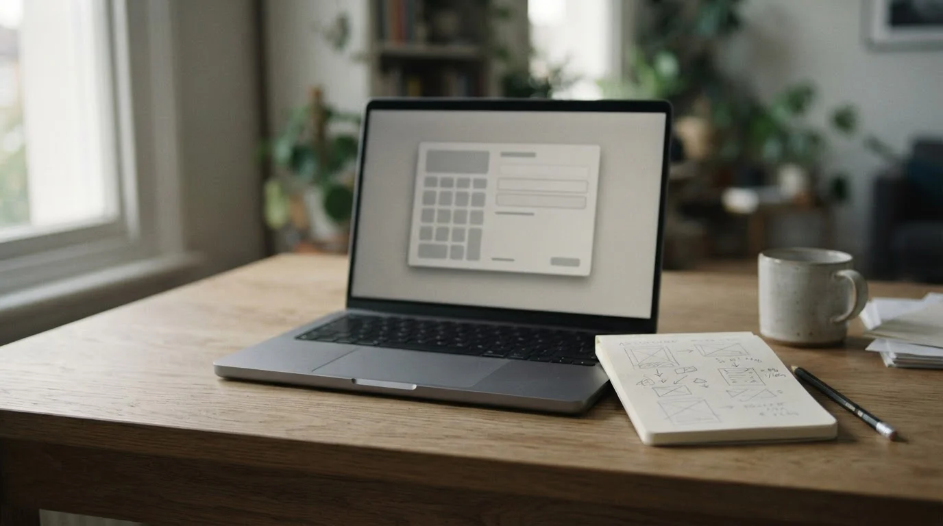 Laptopbildschirm mit abstrakter Rechneroberfläche und Notizen daneben