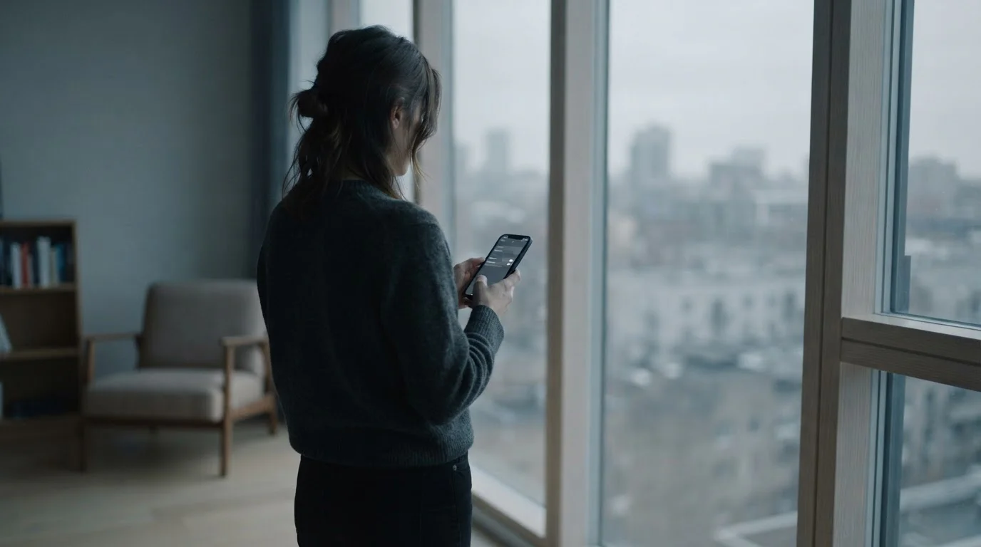 Person am Fenster setzt ein Limit auf dem Smartphone