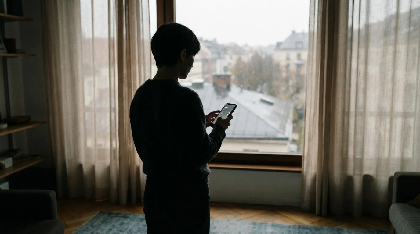 Person am Fenster setzt ein Limit auf dem Smartphone