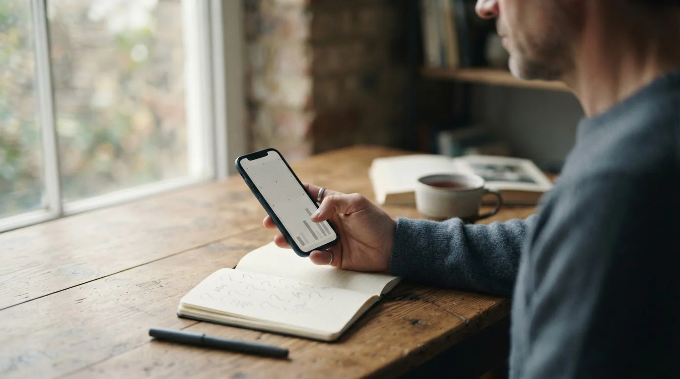 Smartphone mit abstraktem Datenraster neben einem Notizbuch