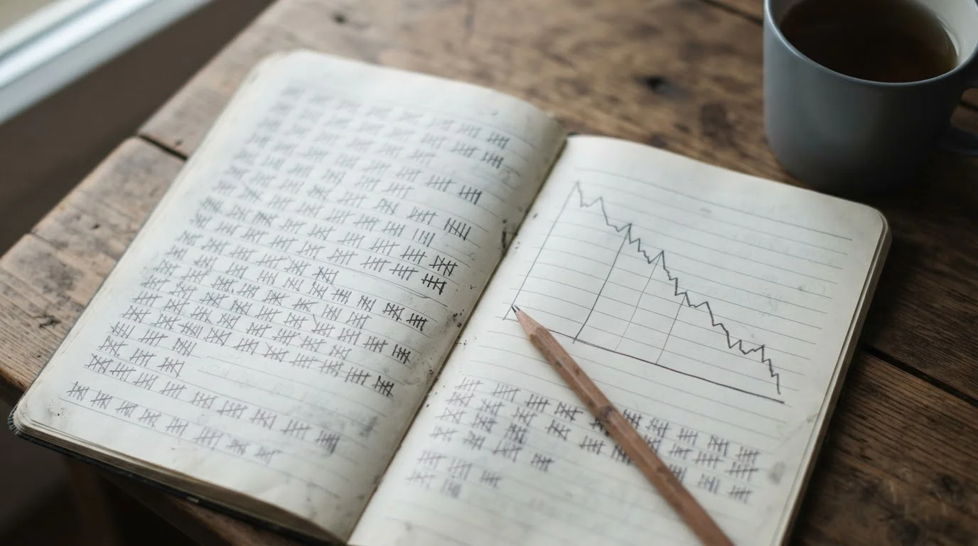 Notizbuch mit langer Reihe abstrakter Ergebnisstriche