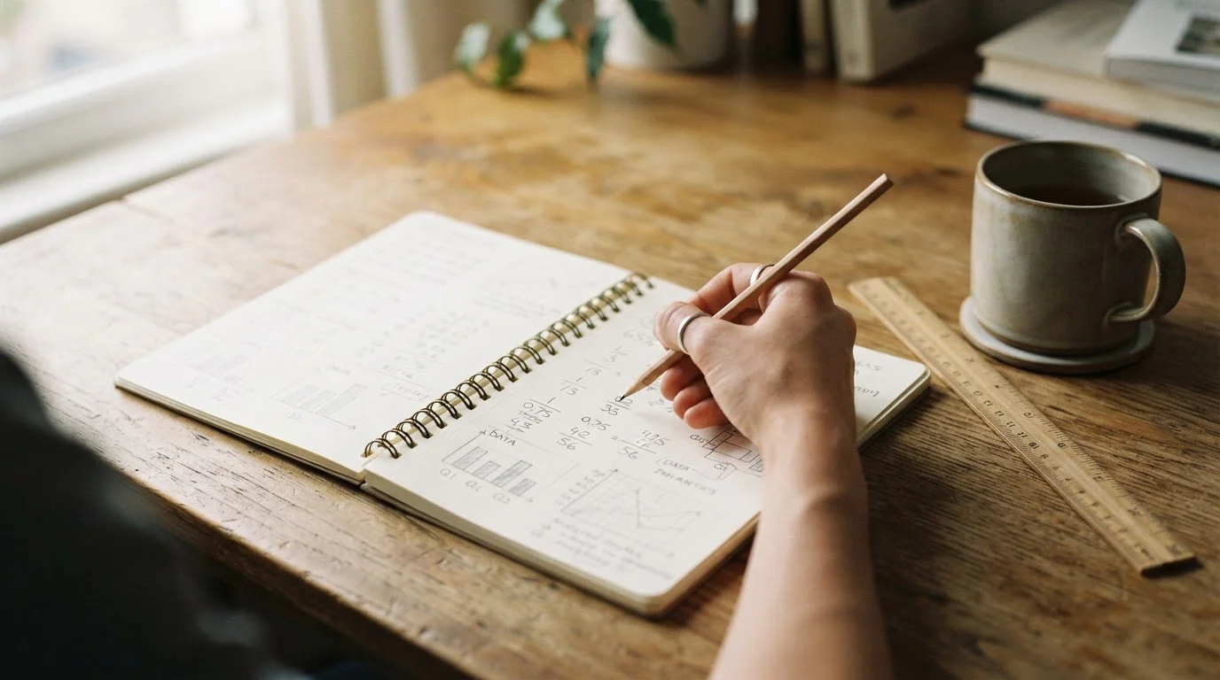 Handschriftliche Berechnung von Quoten und Margen im Notizbuch