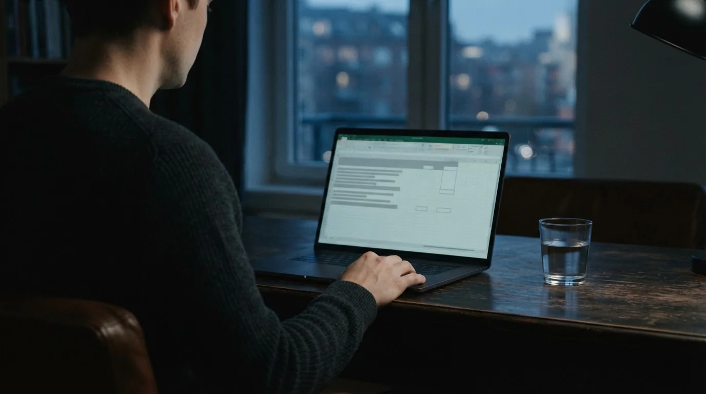 Laptopbildschirm mit neutralen Datenzeilen im abgedunkelten Raum