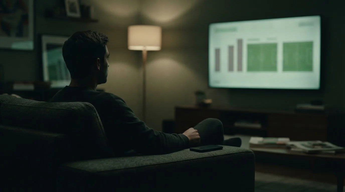 Silhouette einer Person vor einem stummgeschalteten Fernseher während eines Spiels