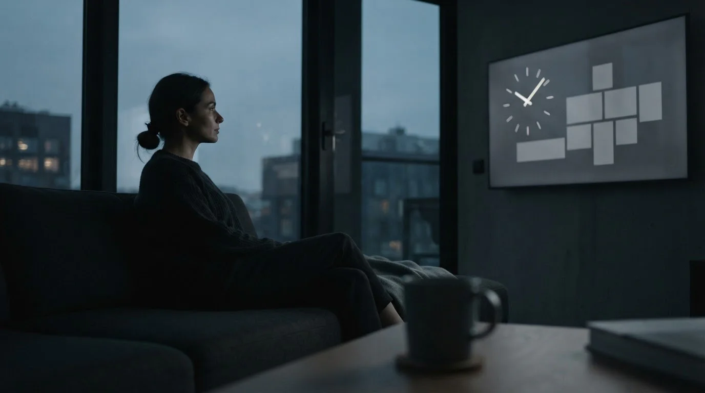 Silhouette einer Person vor einem Bildschirm mit laufender Uhr