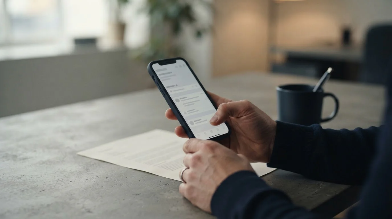 Hand hält Smartphone mit neutraler Anbieterliste vor grauem Hintergrund