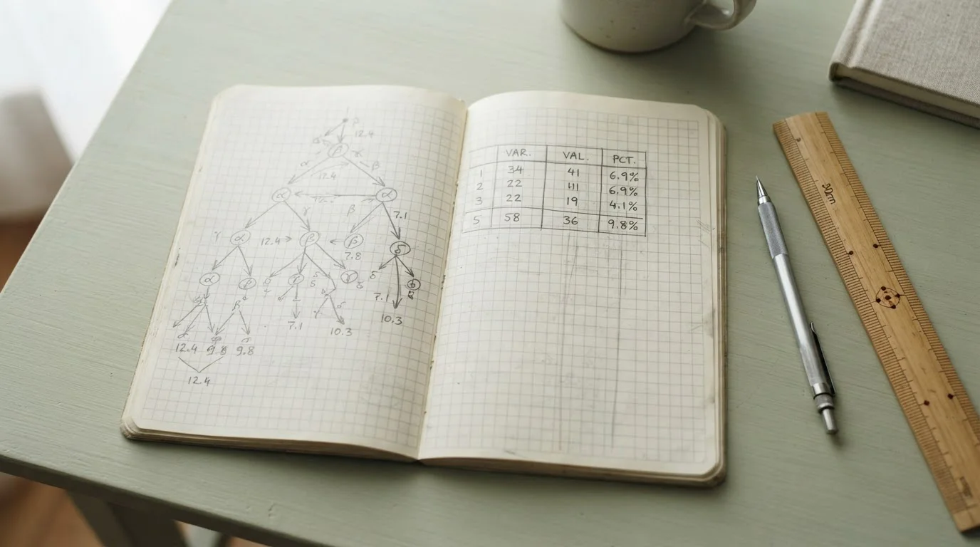Notizbuch mit skizziertem Baumdiagramm zur Struktur einer Lucky 15 Wette