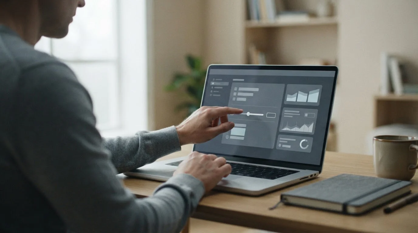 Hand stellt an einem Laptop ein Einzahlungslimit ein, ruhige Szene am Fenster