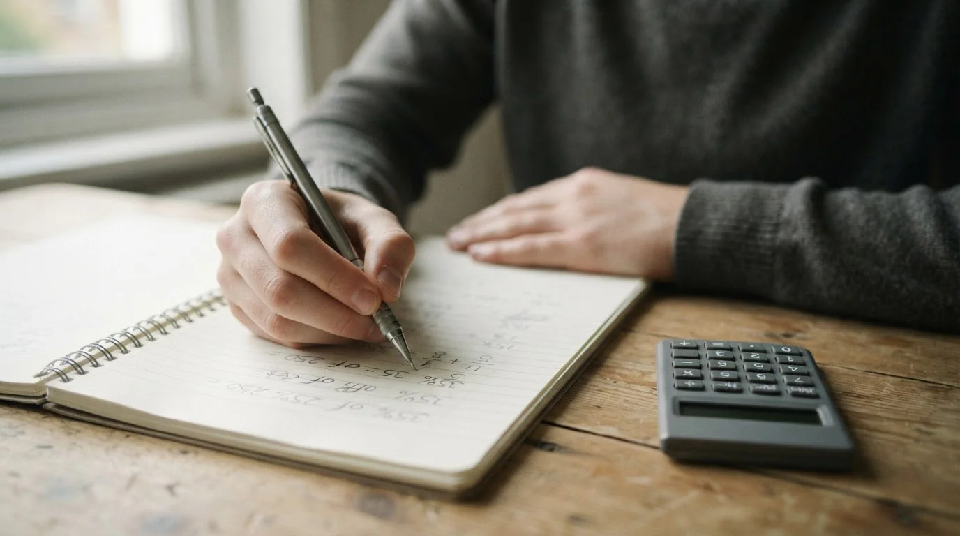 Handschriftliche Berechnung mit Prozentwerten in einem Notizbuch