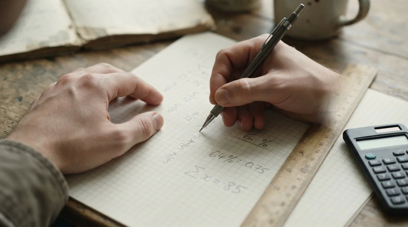 Handschriftliche Berechnung mit Prozentwerten und Bruchzahlen auf Papier