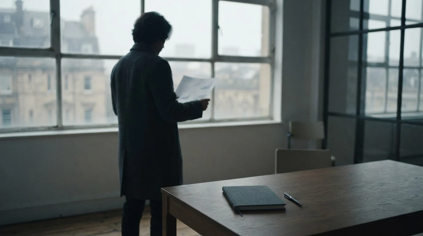 Silhouette einer Person am Fenster mit Notizen zur Wettanalyse