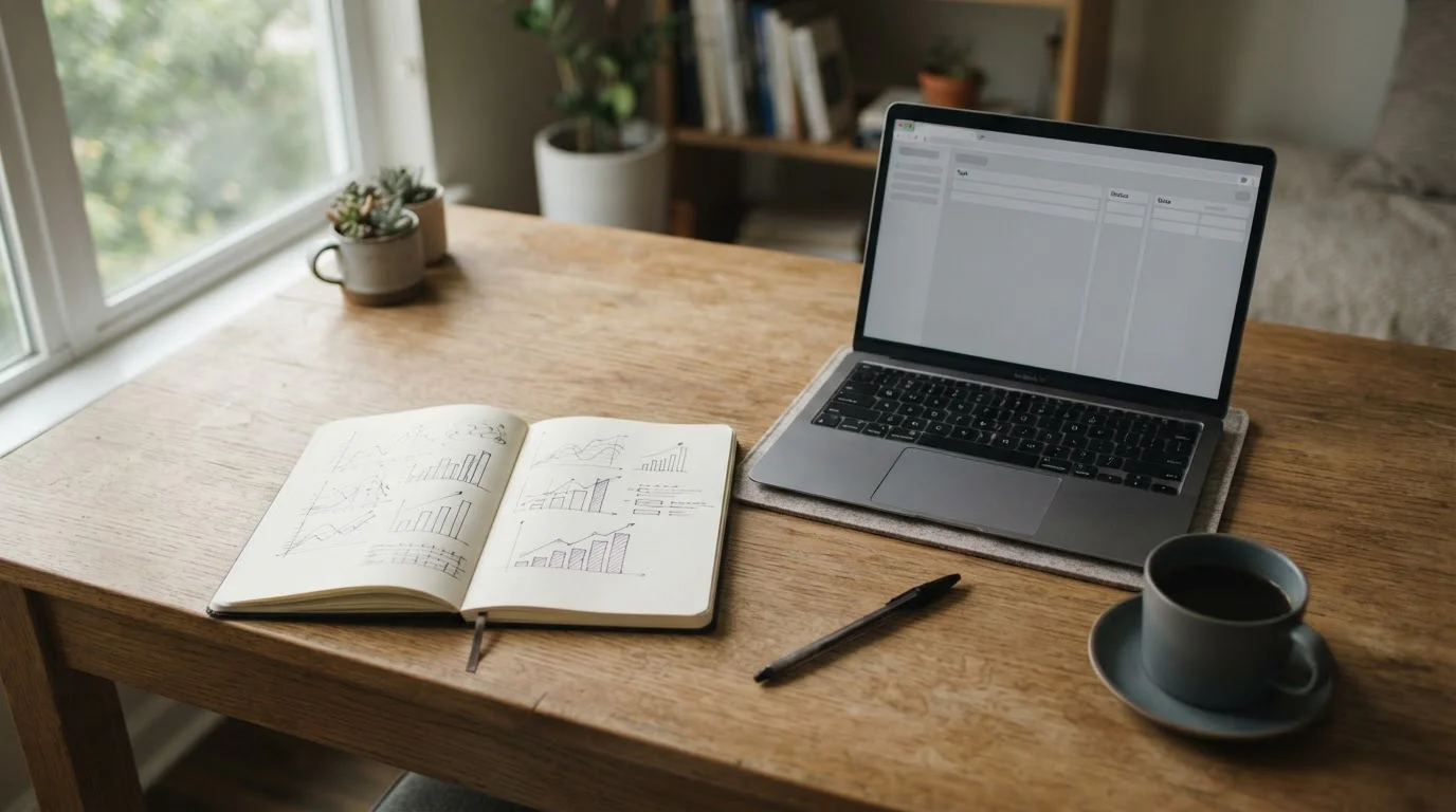 Schreibtisch mit Notizen und Laptop zur Analyse von Wettquoten