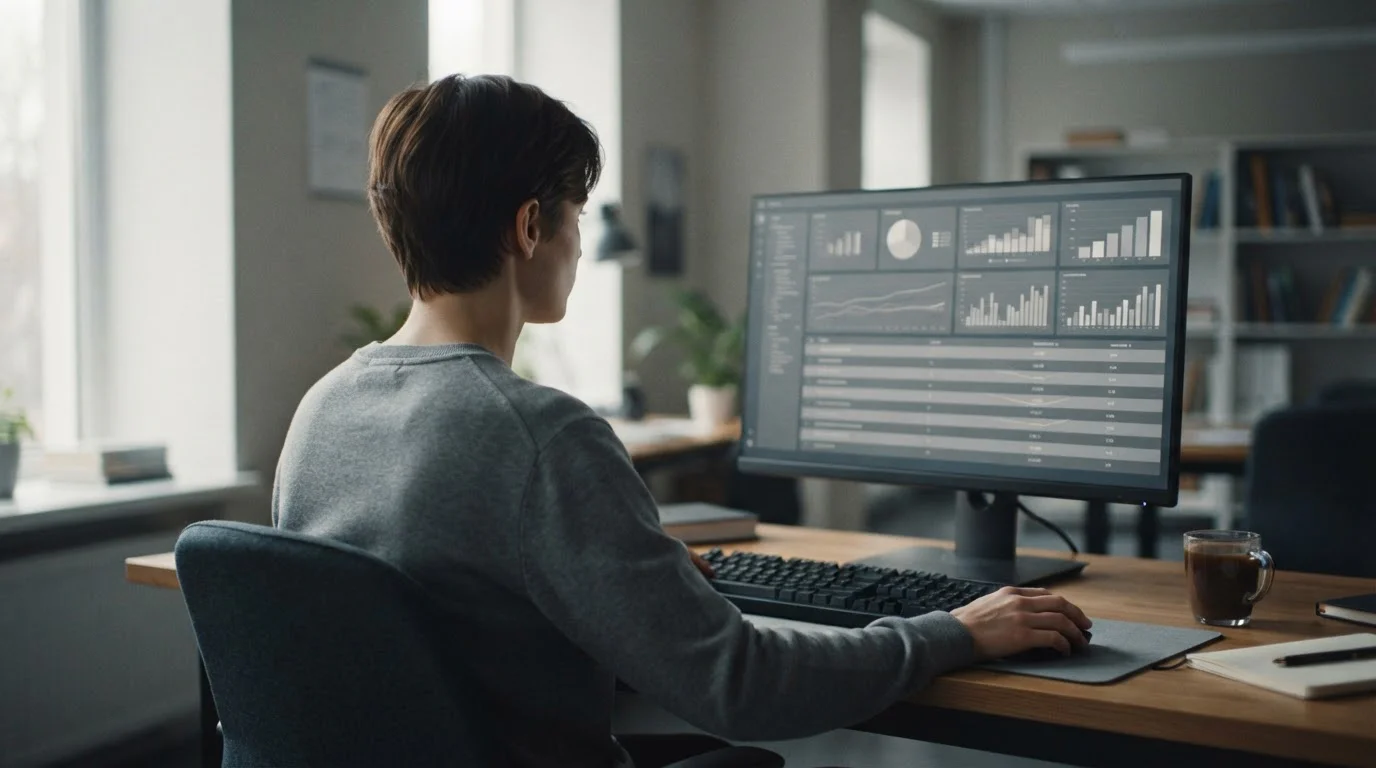 Silhouette einer Person vor einem Bildschirm mit neutralen Statistikflächen