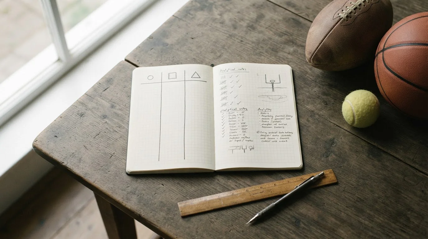 Notizbuch mit Skizzen zu Sportarten und Quotenmargen